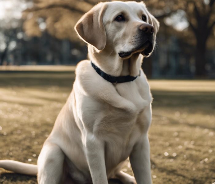 Cinematic image of a Labrador, sitting in a park.